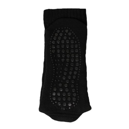 Black woolly sock with non-slip grip dots for comfort and safety.