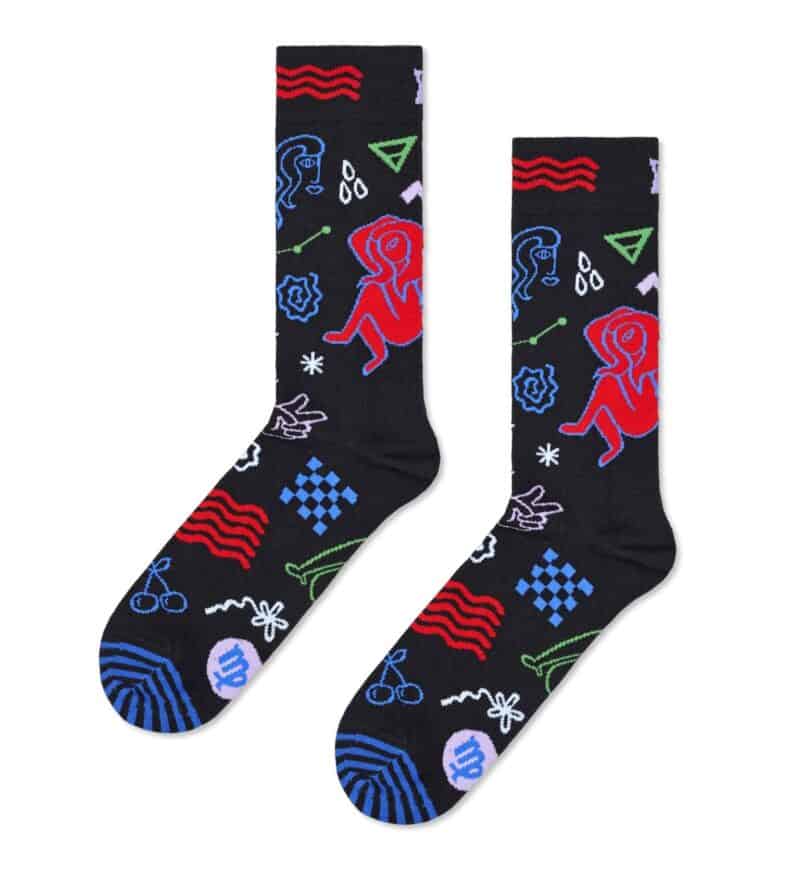 Vibrant Virgo Socks with playful, abstract designs in multiple colors on black background. Perfect f.