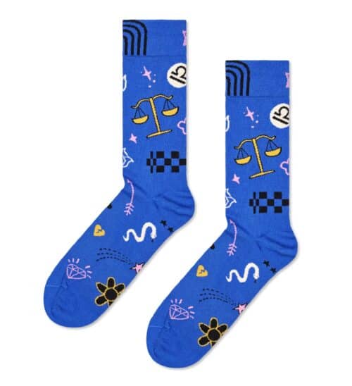 Bright blue Libra-themed socks with zodiac symbols and playful patterns for astrology enthusiasts.