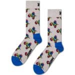 Brightly colored motorcycle pattern socks with blue toe and heel accents.