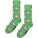Llama sock with playful llama illustrations on a vibrant green background, perfect for fun and cozy.