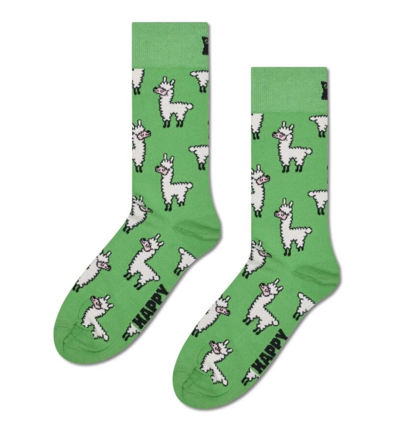 Llama sock with playful llama illustrations on a vibrant green background, perfect for fun and cozy.