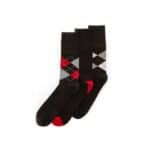 Comfortable argyle bamboo socks in black, red, and gray with classic diamond patterns.