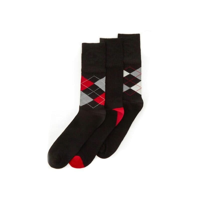 Comfortable argyle bamboo socks in black, red, and gray with classic diamond patterns.