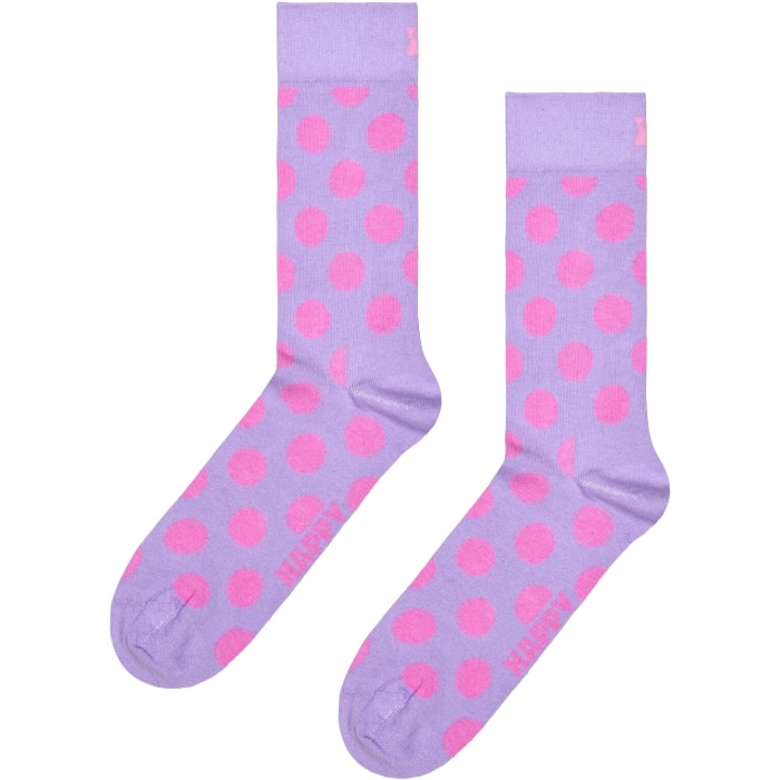 Bright pink polka dot socks on a lavender background, perfect for casual wear and adding fun to your.