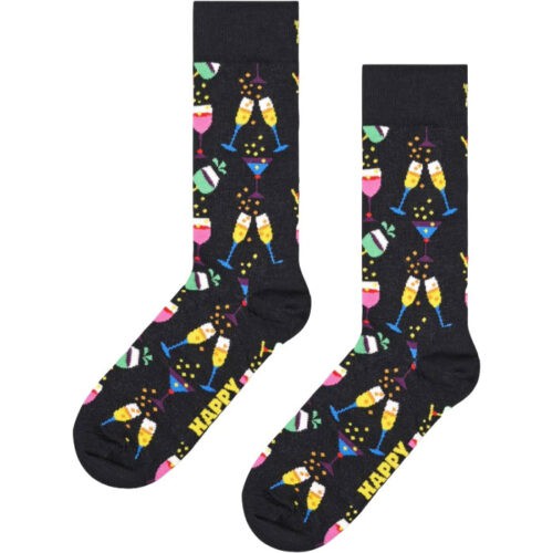 Festive socks featuring champagne glasses, confetti, and "HAPPY" text for celebrations. Perfect for.